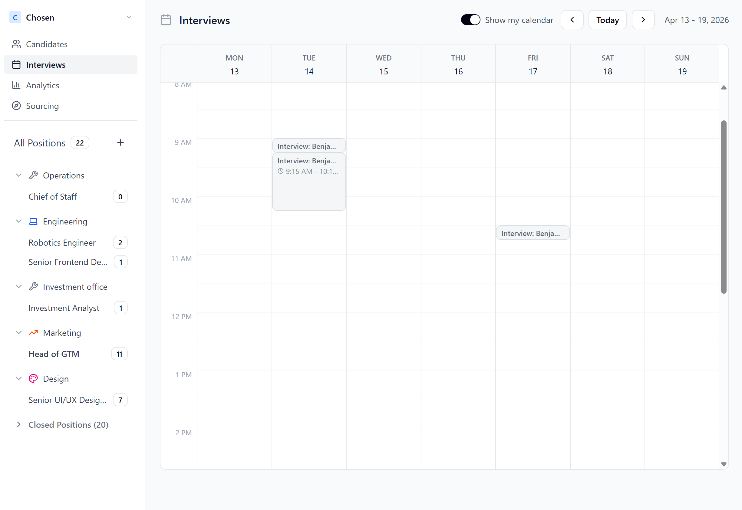 Chosen interviews calendar showing a week view with interview events booked by the Scheduling Agent