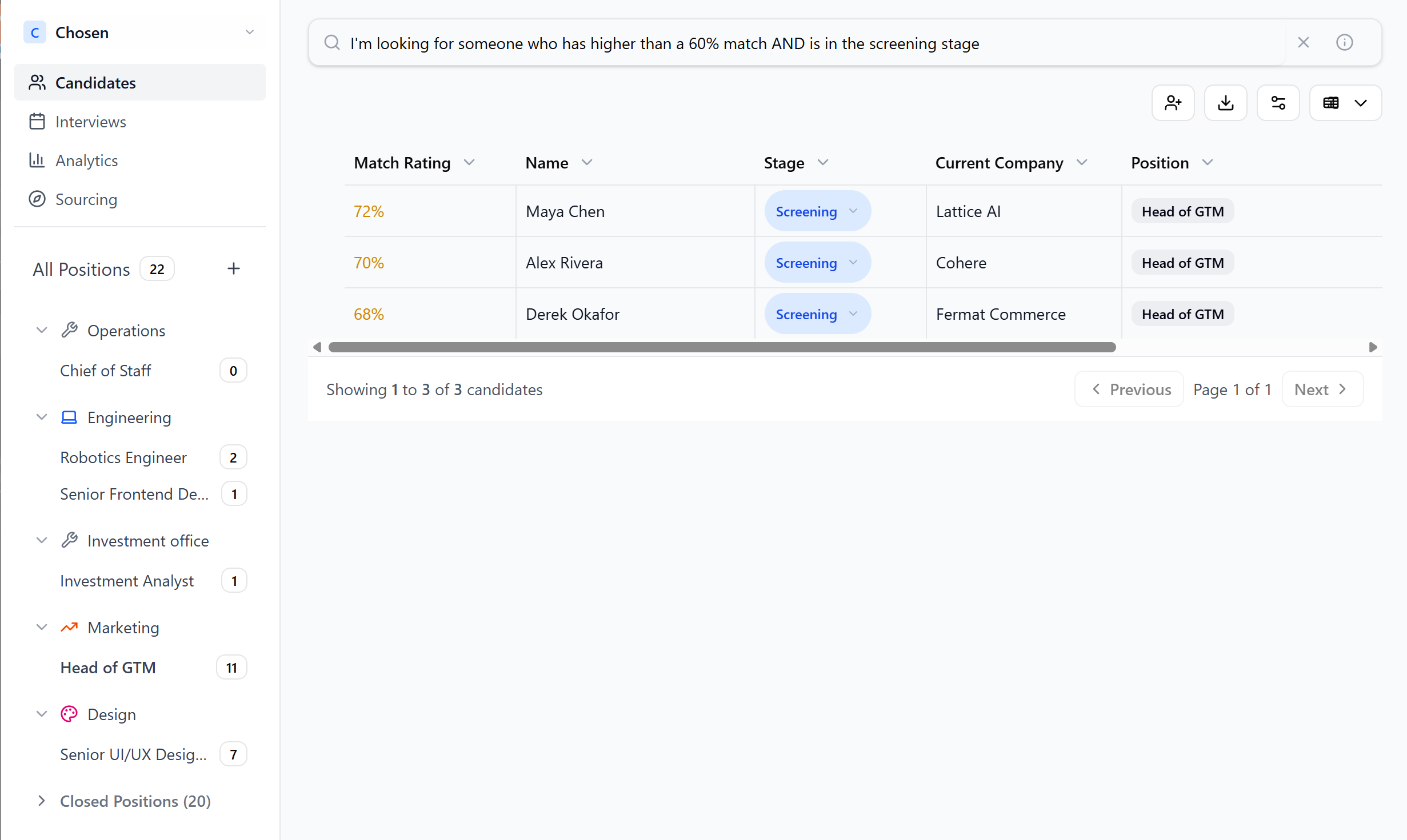 Chosen semantic search result for the natural-language query: candidates with higher than 60% match in the screening stage